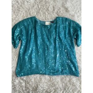 HB Honeybee Silk Women’s Sz. L Turquoise Sequin Top. Gorgeous
